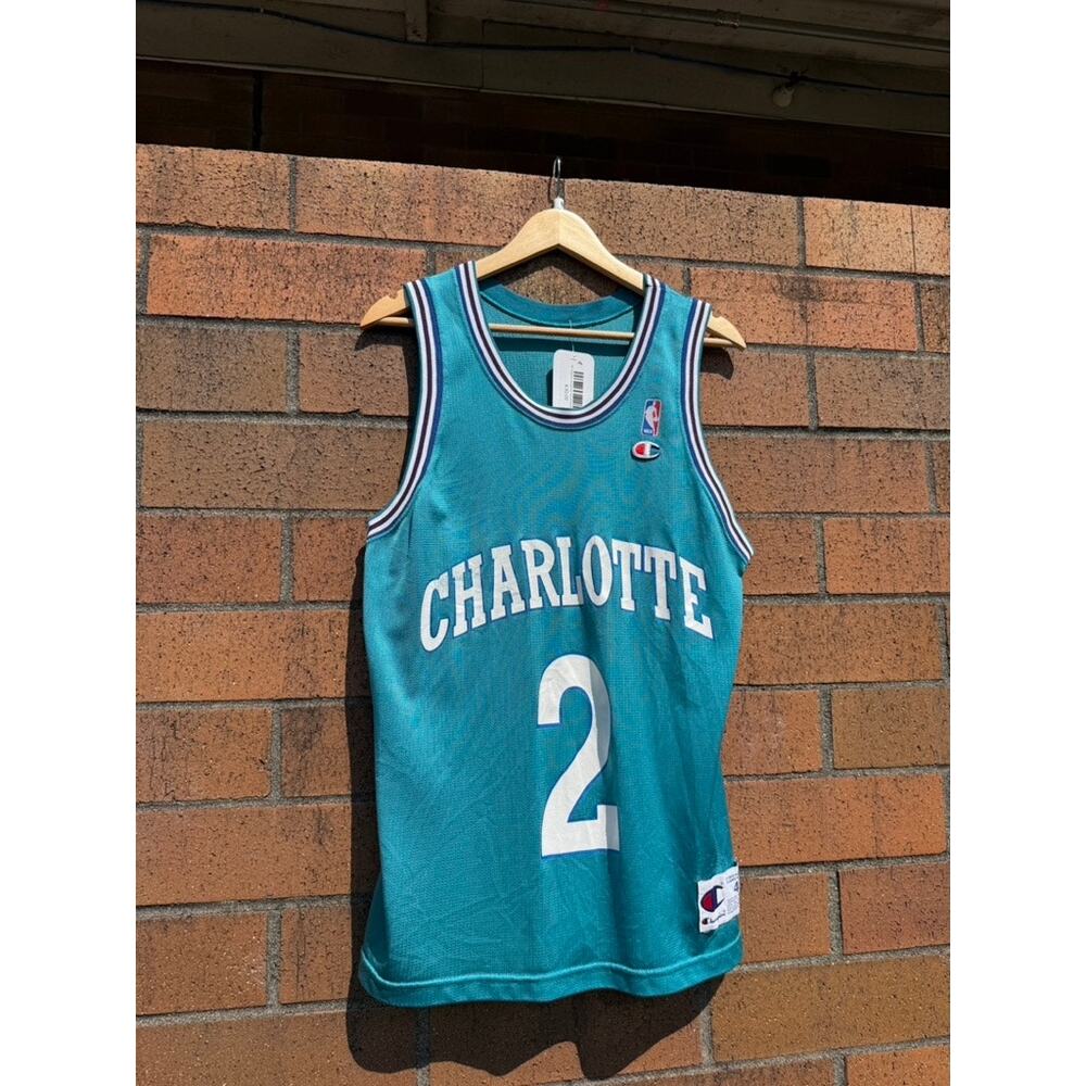 90s Champion Larry Johnson Vintage Teal Charlotte Hornets NBA Basketball Jersey - Picture 3 of 9